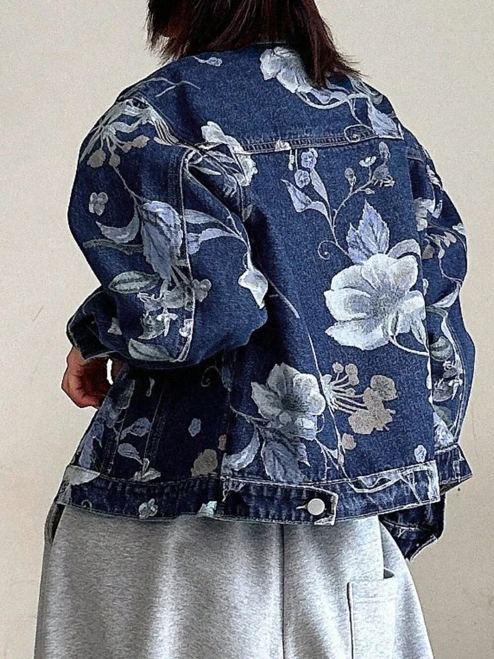 Medium Wash Casual Women's Floral Printed Denim Jacket
